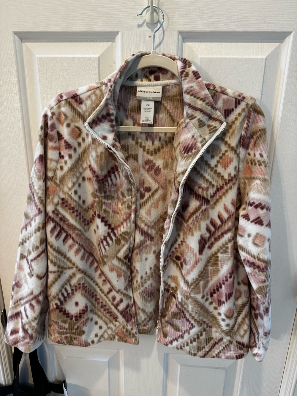 Alfred Dunner Pink and Brown Geo-Print Teddy Fleece Jacket